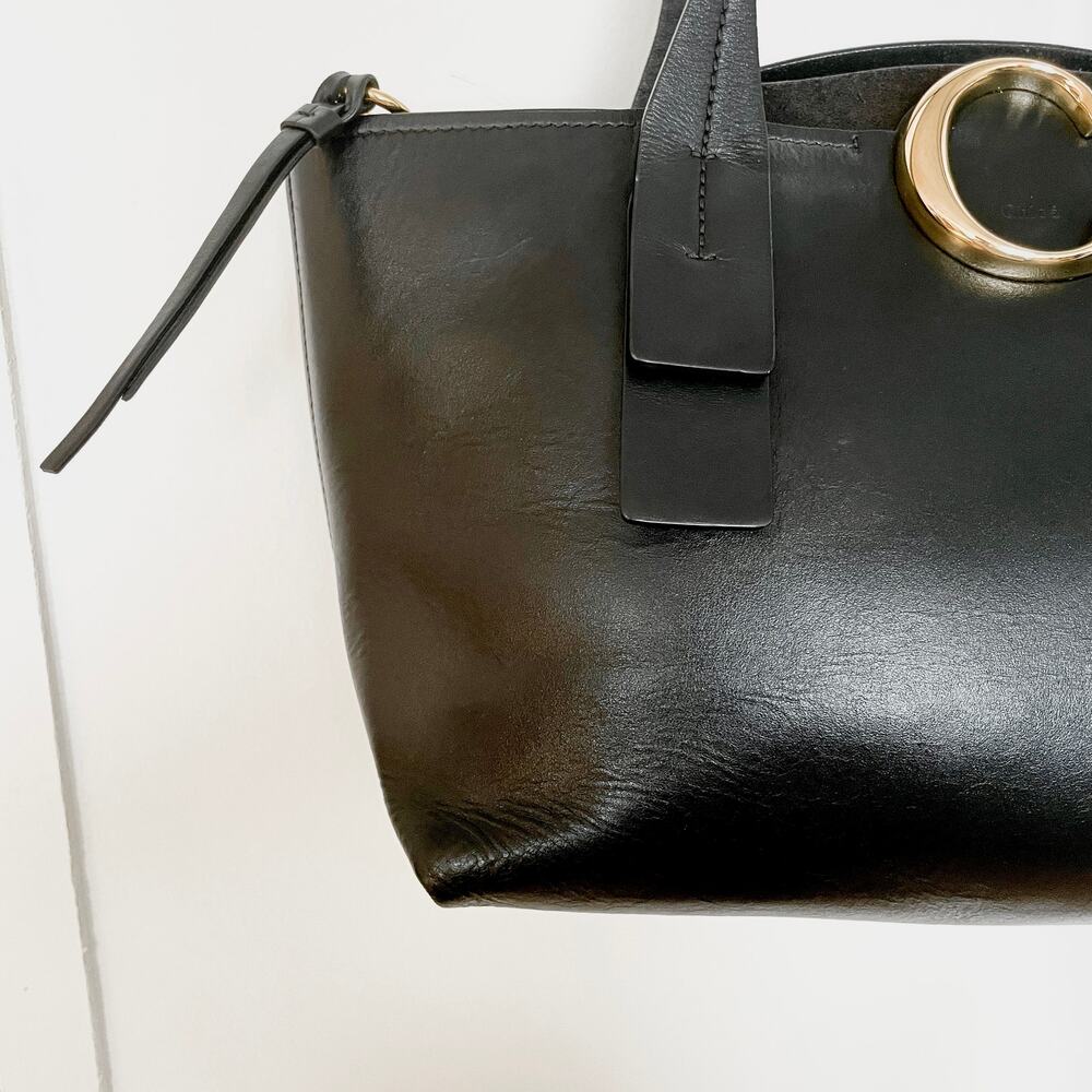 Chloe Shiny Black Leather C Zip Top Shopper Tote Shoulder Bag Carryall Small - Picture 3 of 11